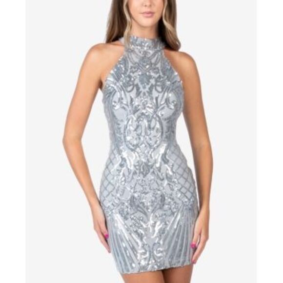 B.Darlin Sequin Cutout-back Halter Dress In Gray Silver 5/6 (New no Tag) - Picture 1 of 1